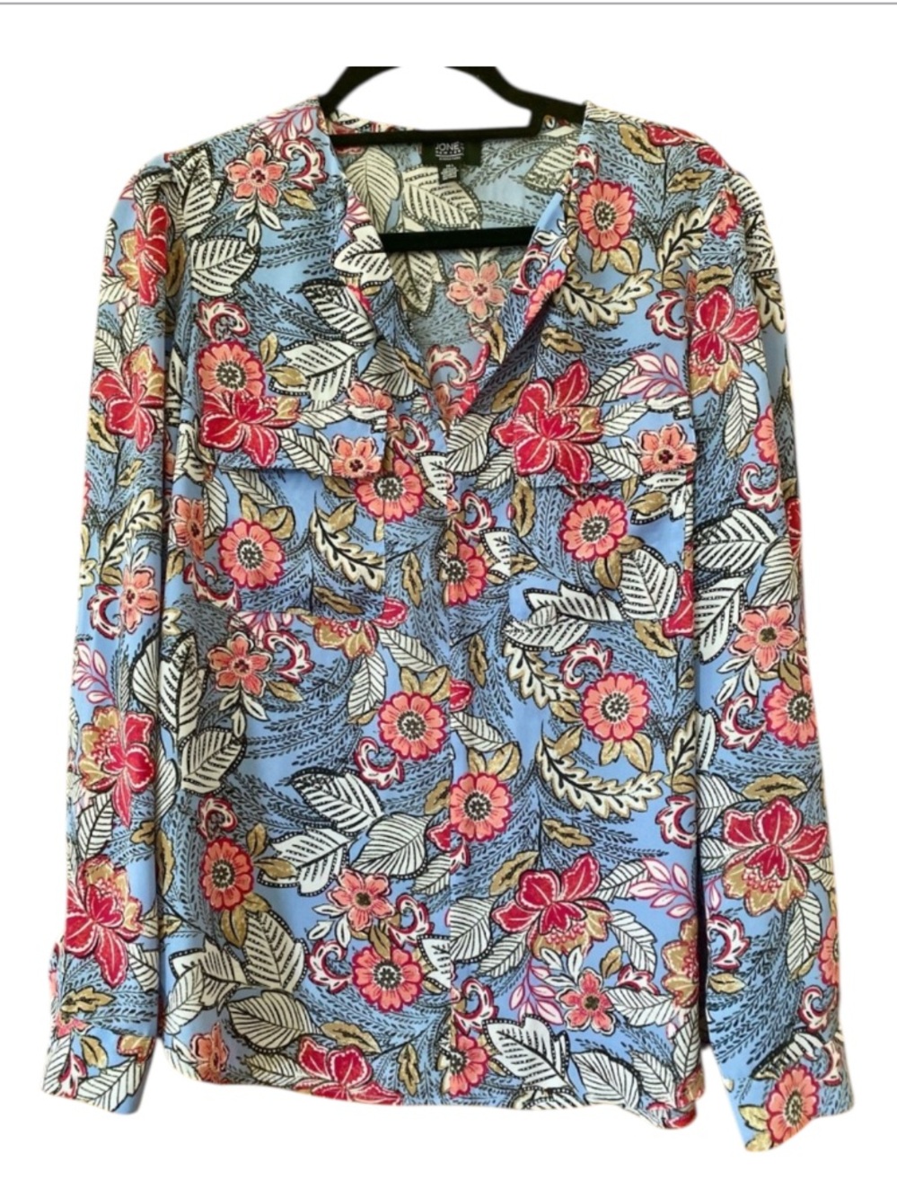Jones New York Floral Blouse Blue Pink Botanical Top Split Neck Flap Pocket L